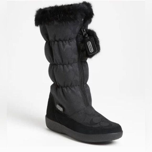 COACH Theona black logo front zip rabbit fur slouchy Winter Waterproof boots 7.5 - Picture 1 of 12